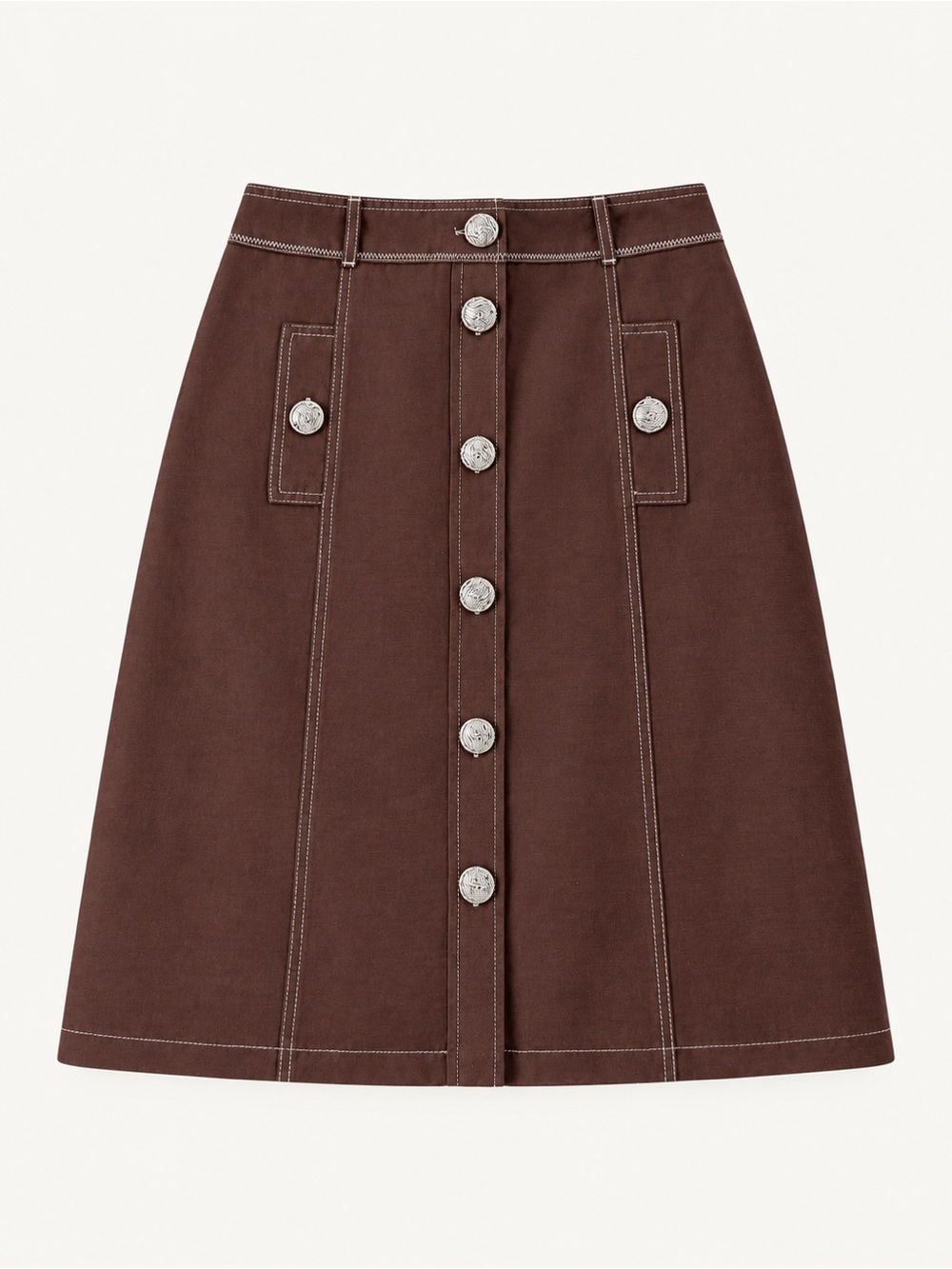 Woman Brown Utility Button Front A-Line Knee Length Skirt MEDIUM Classic